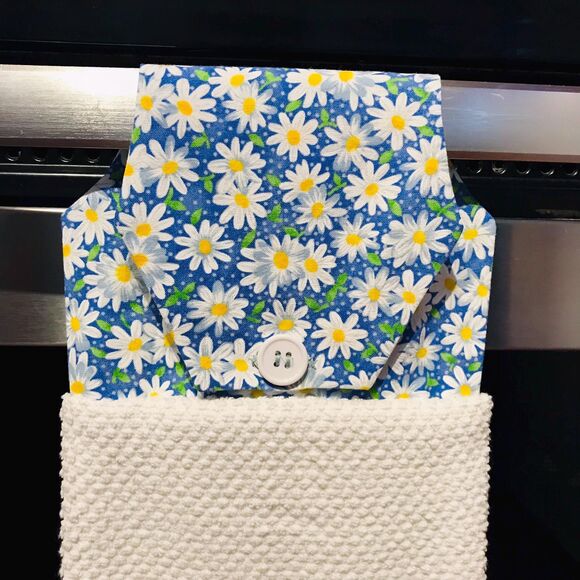 Hanging Kitchen Tea Towel, Button Closure, Cabinet Oven Towel Blue Daisy - Picture 3 of 9